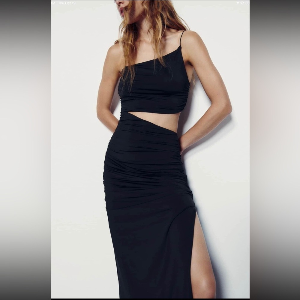 Zara stretchy asymmetrical midi dress spaghetti straps size medium in black
